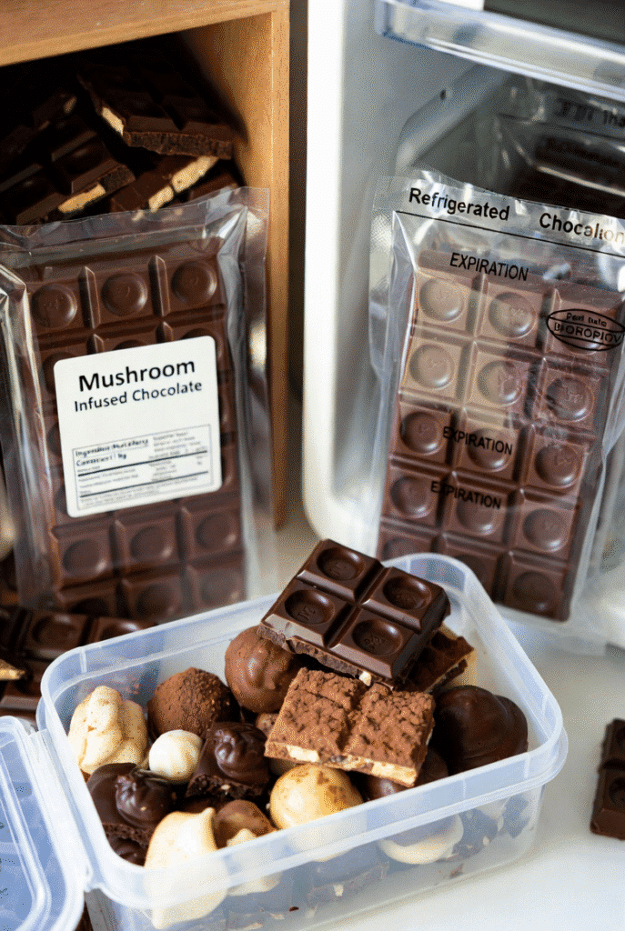 Mushroom chocolate bars showing proper packaging and labeling